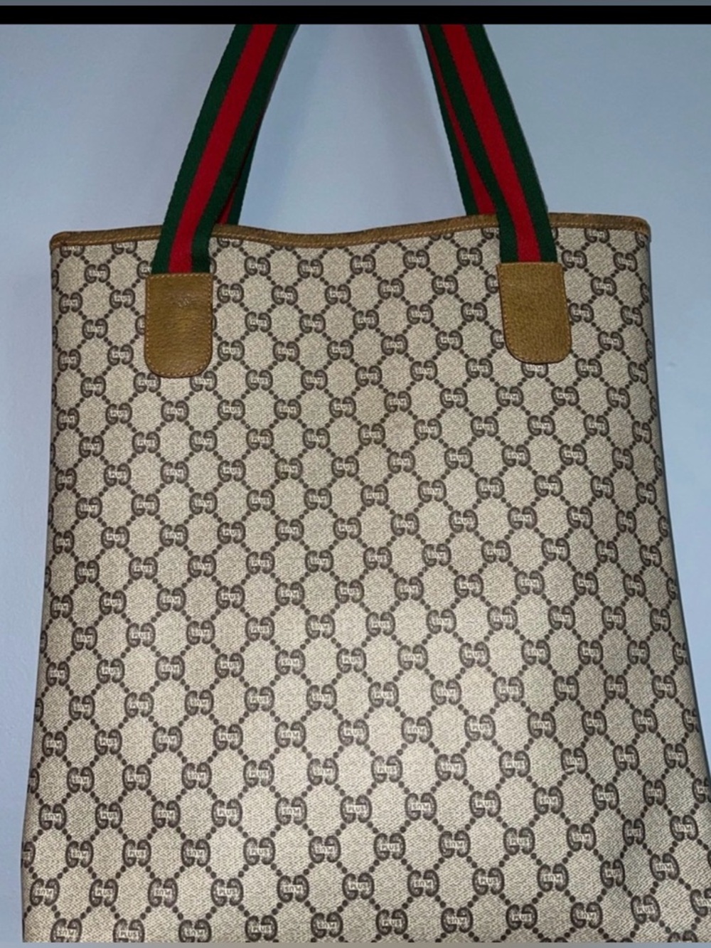 Gucci Beige Brown GG Canvas Tote with Green-Red Straps - Picture 9 of 10